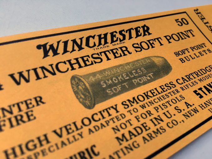 Winchester Rifle Model 92 Yellow LABEL STICKER 44 Cal SOFT POINT BULLETS 50 cartridges 1873 khristore auction FRANCE