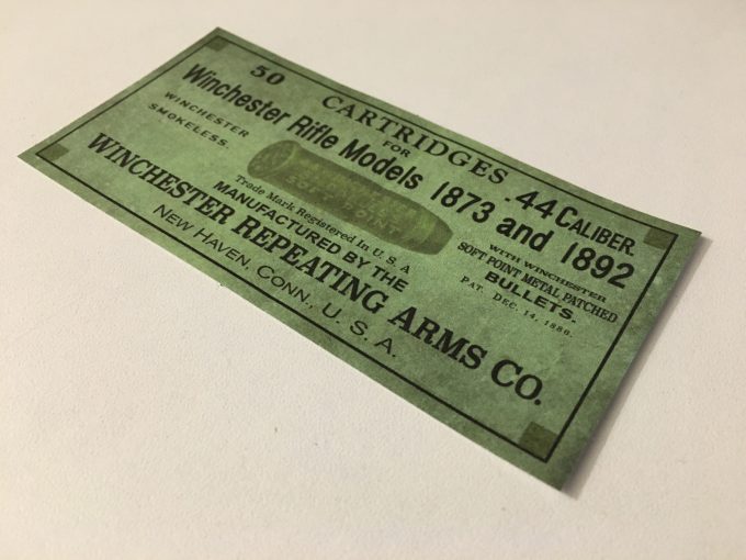 Winchester Rifle Models 1873 and 1892 green LABEL STICKER 44 Caliber SOFT POINT METAL PATCHED BULLETS 50 khristore auction