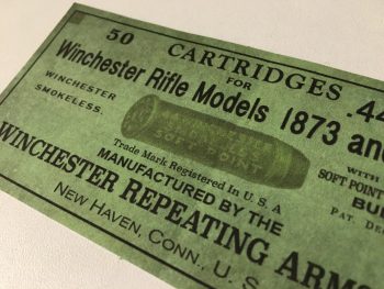 Winchester Rifle Models 1873 and 1892 green LABEL STICKER 44 Caliber SOFT POINT METAL PATCHED BULLETS 50 khristore auction